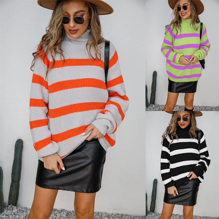 Kvinne Casual Turtleneck Genser med Motebaserte Stripe mønstre og Oversized Passform Skjora