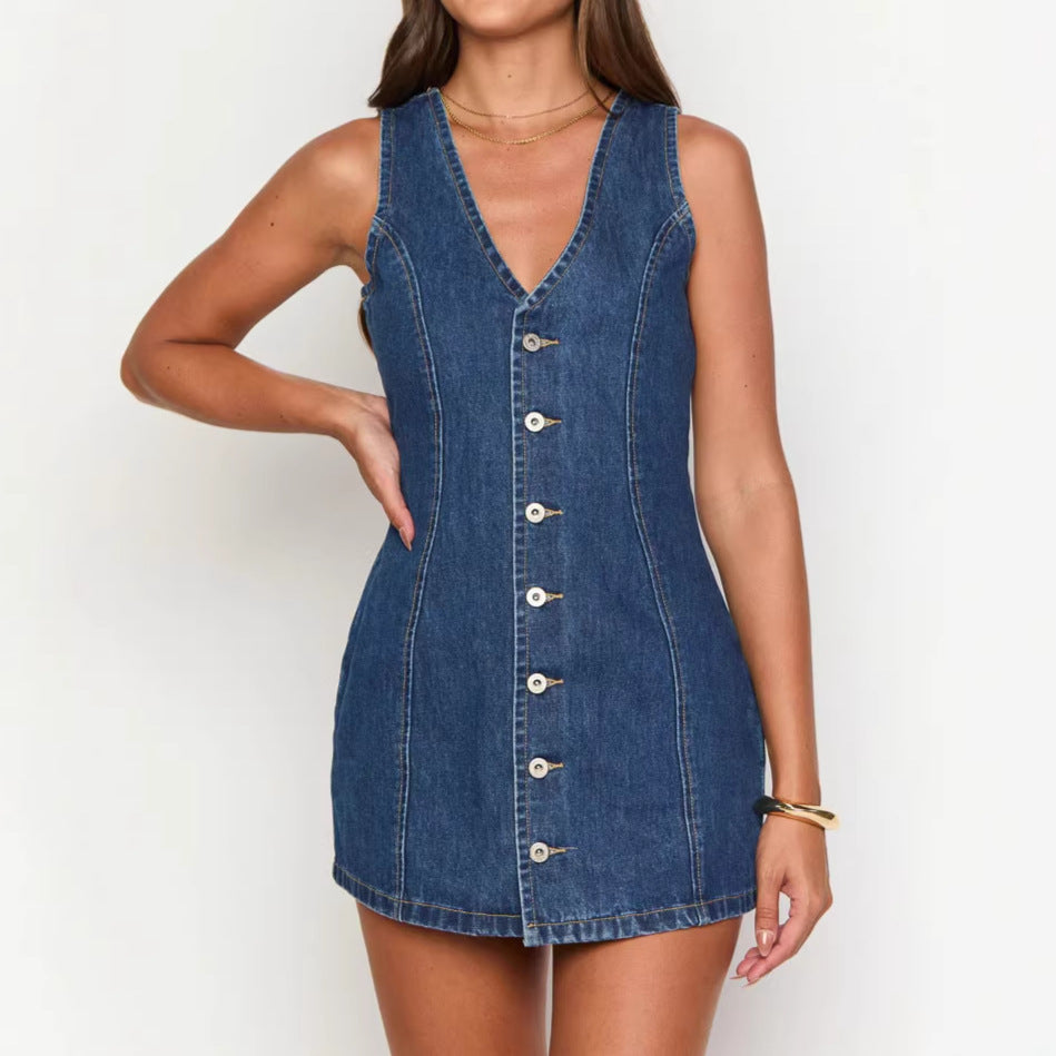 Kvinne Denim Kjole med V-hals og Knapplist Skjora