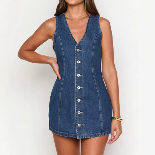 Kvinne Denim Kjole med V-hals og Knapplist Skjora