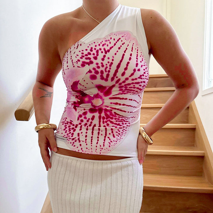 Dame asymmetrisk stroppet skjorte med blomstertrykkdesign Skjora
