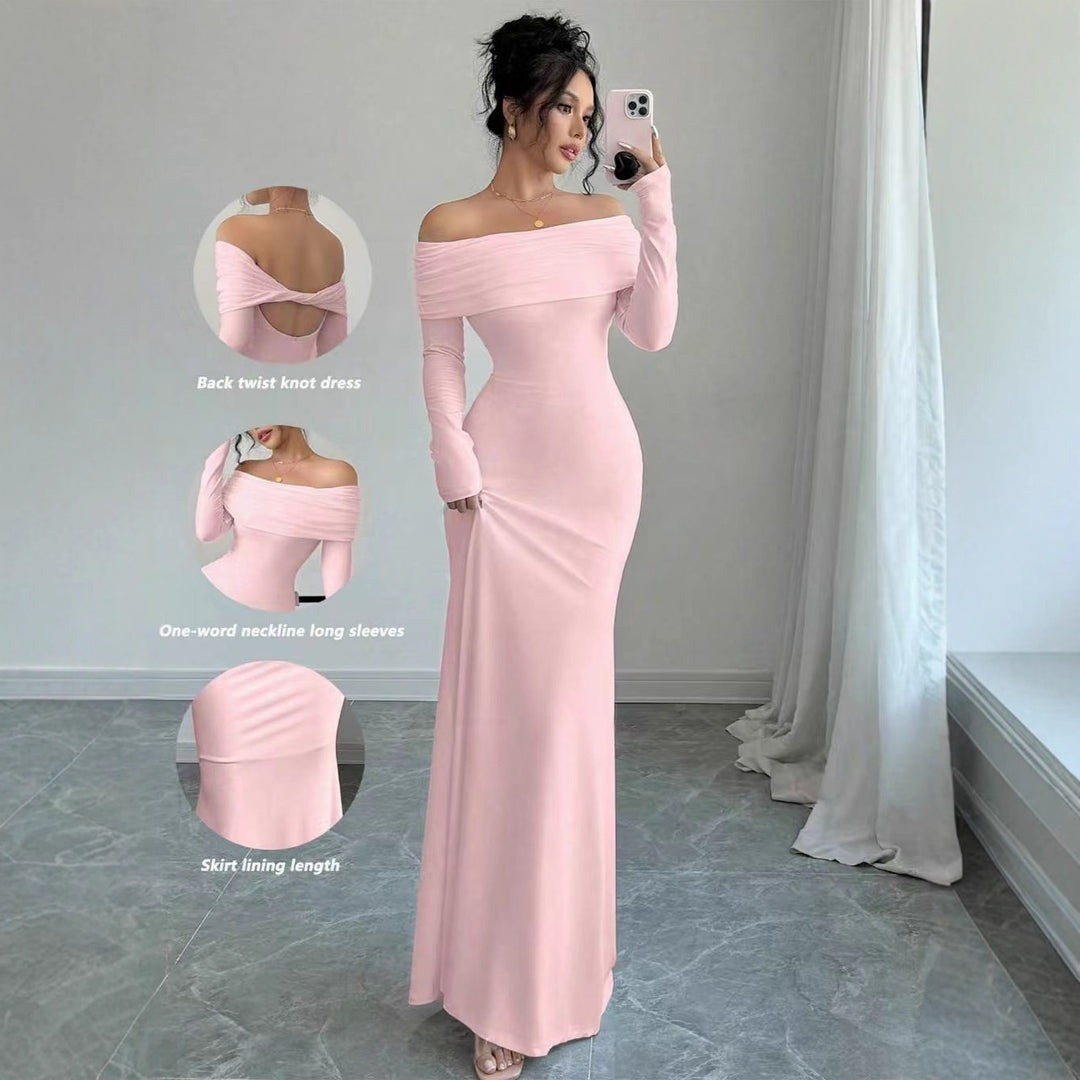 Dame Elegante Off-Shoulder Maksikjole med figurnær passform og lange ermer Skjora