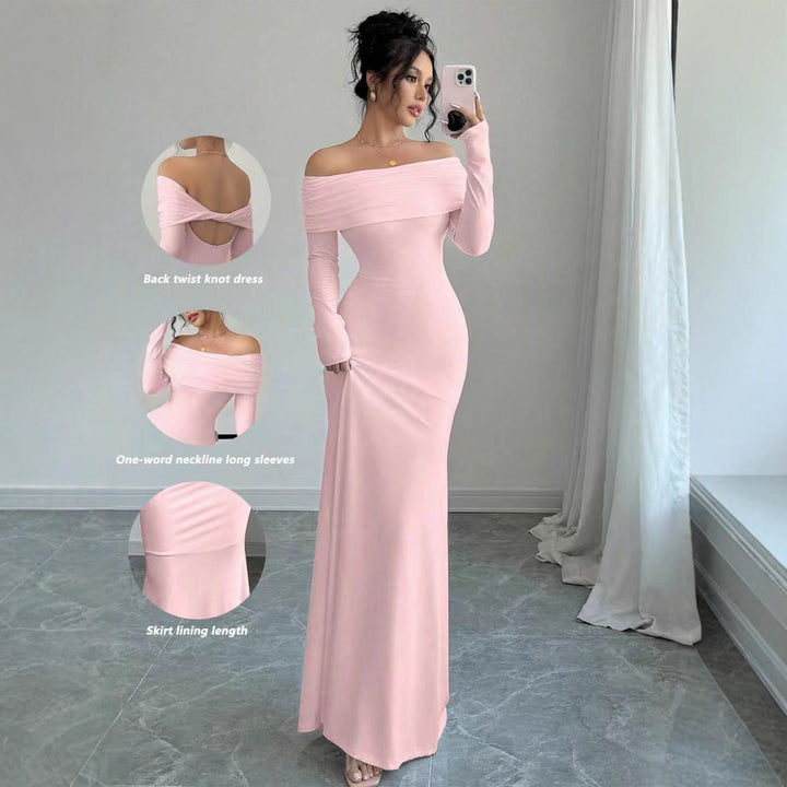 Dame Elegante Off-Shoulder Maksikjole med figurnær passform og lange ermer Skjora