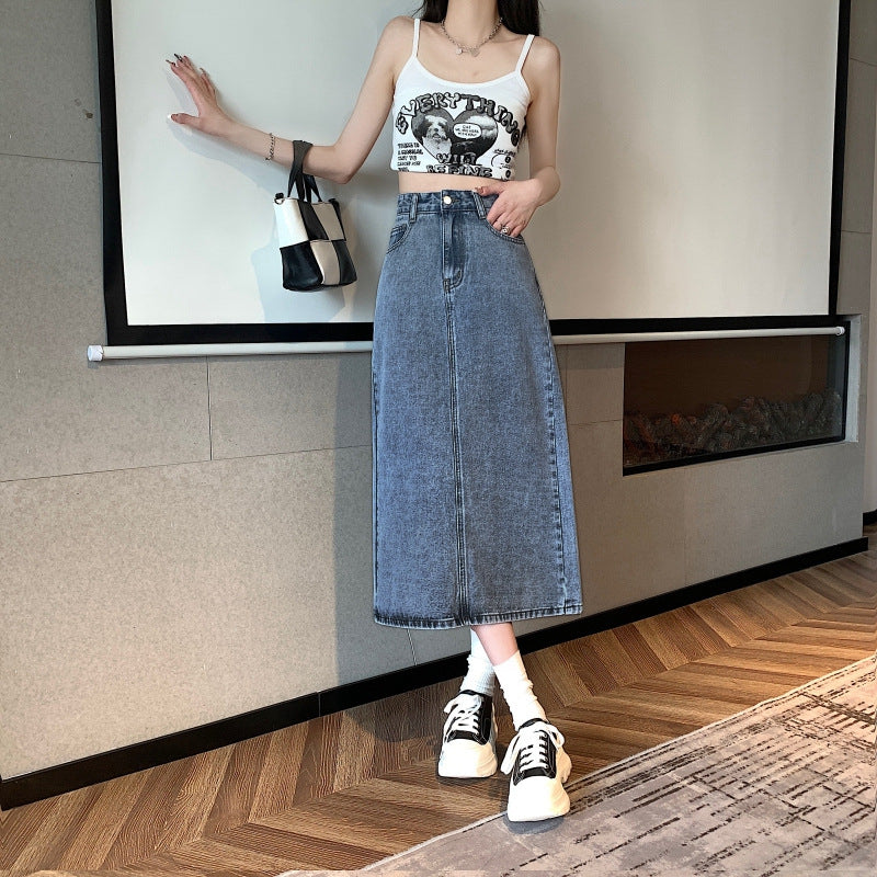 Kvinne midi denim skjørt med front splitt Skjora