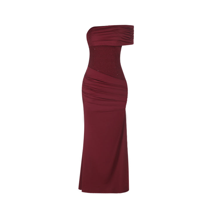 Dames Elegant Kveld Kjole med Asymmetrisk Stropp Design og Funklende Topp