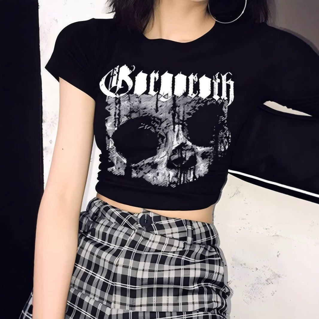 Dame Crop-T-skjorte med unikt hodeskalle-design Skjora