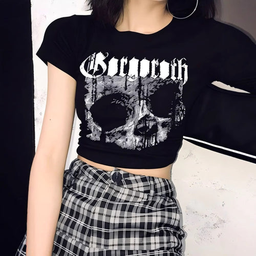 Dame Crop-T-skjorte med unikt hodeskalle-design Skjora