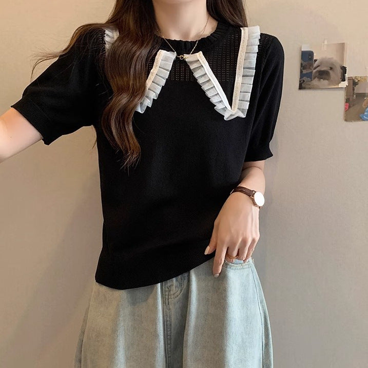 Kvinne Elegant Strikket Topp med Dekorativ Volangkant og Pustende Design