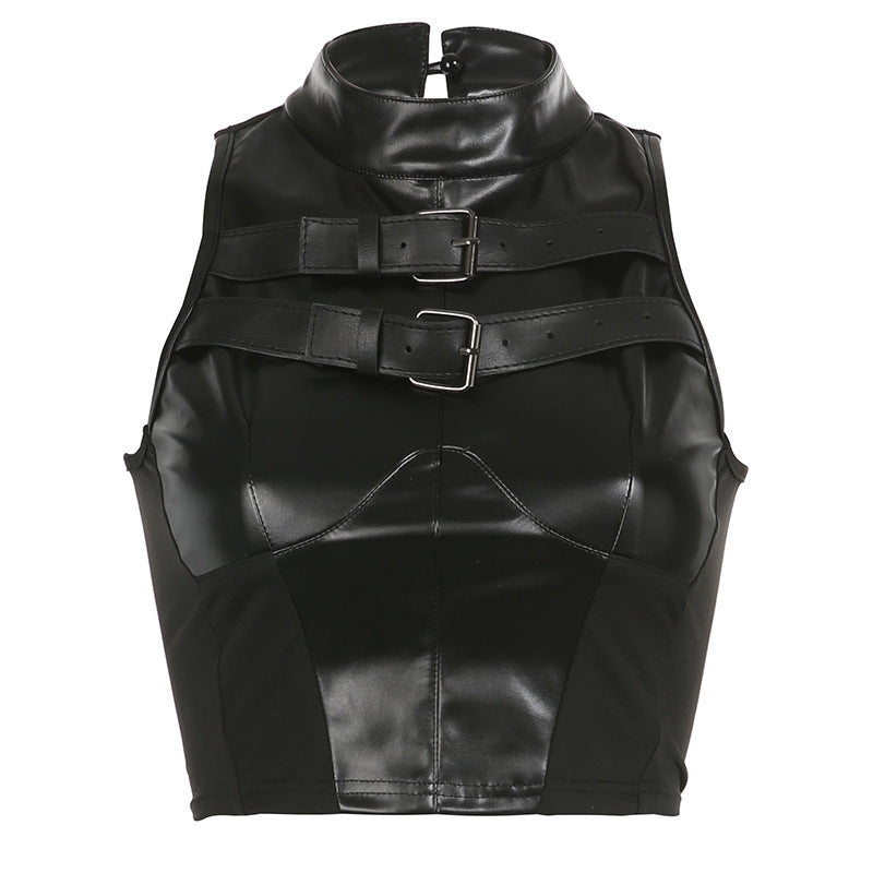 Damer trendy kunstlær crop-top med justerbare spenner Skjora