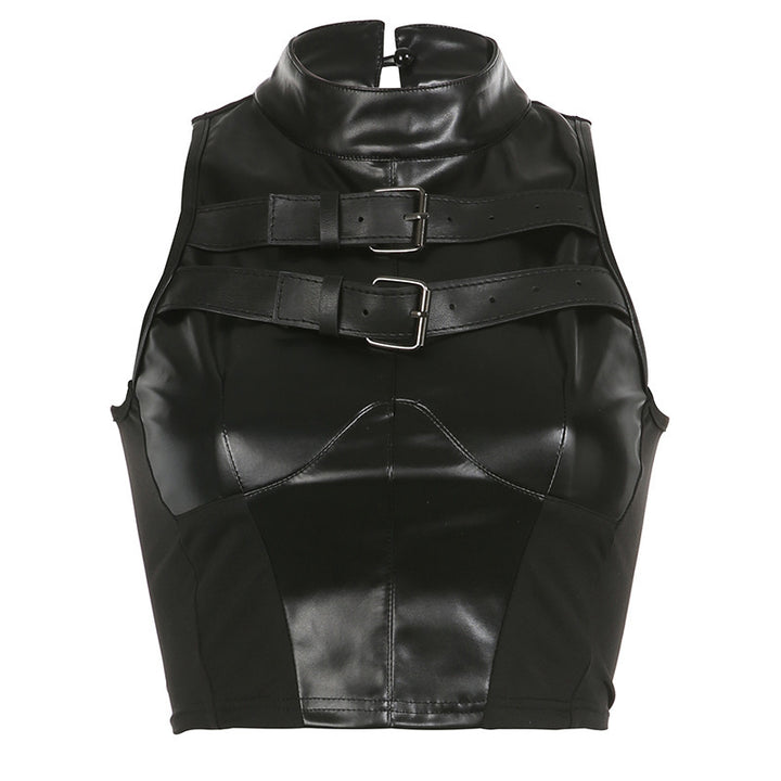 Damer trendy kunstlær crop-top med justerbare spenner Skjora