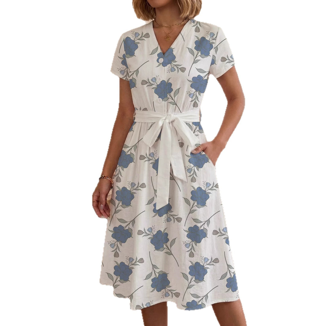 Damen Midikleid mit floralem Muster und Taillengürtel Skjora