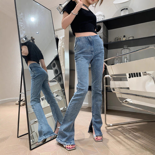 Dame Glitrende Bootcut-Bukser med Spalte og Stretchinnhold Skjora