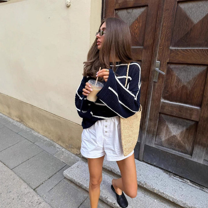 Damer oversized strikket genser med stripemønster og kreativ tekst Skjora