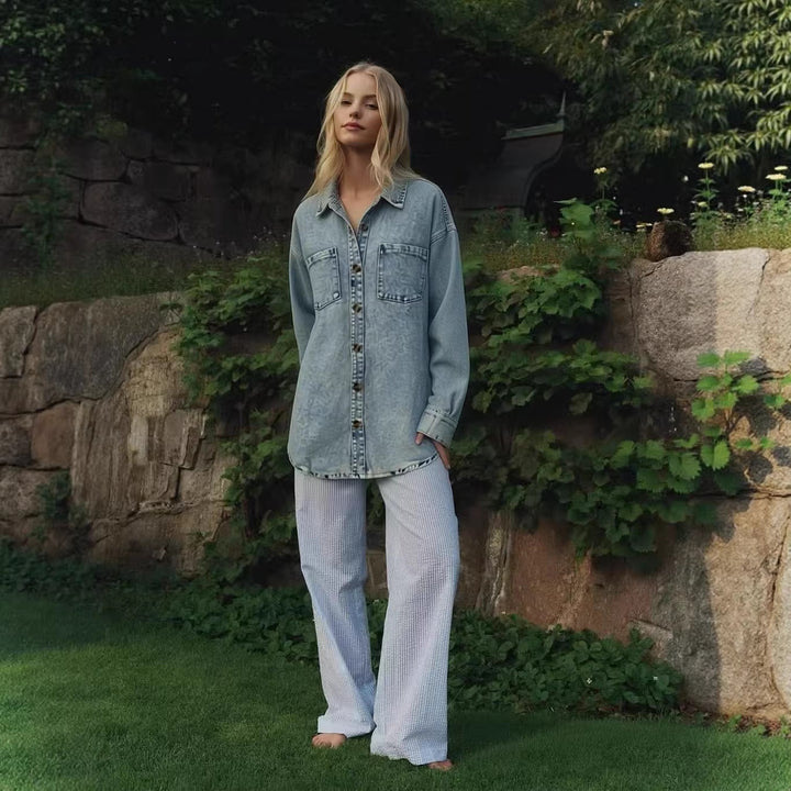 Dame Oversized Denim-skjorte med påsydde lommer Skjora