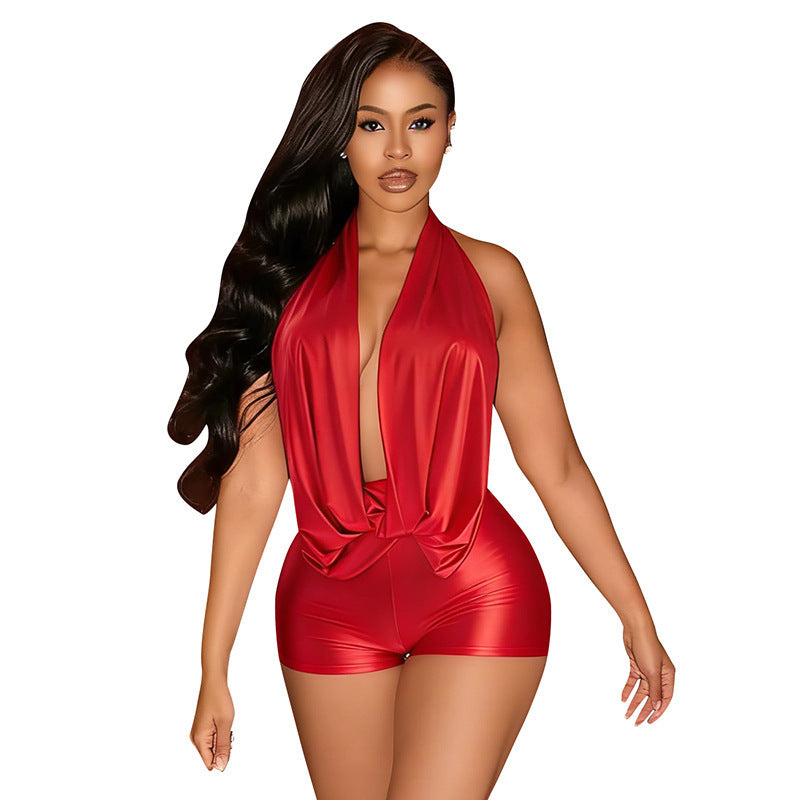 Women's Jumpsuit with Deep V-Neck and Elegant Tie Detail Skjora