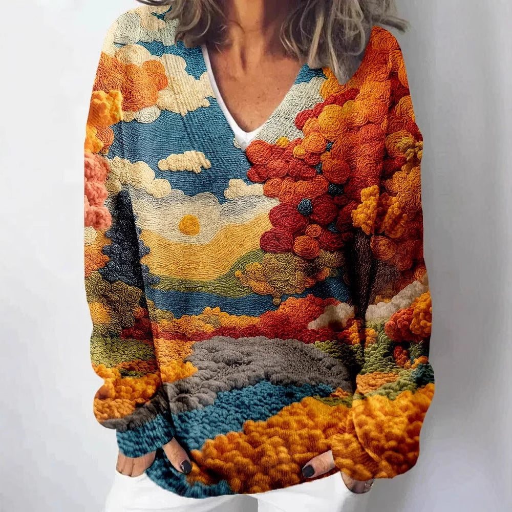 Ladies knitted sweater with detailed landscape pattern Skjora