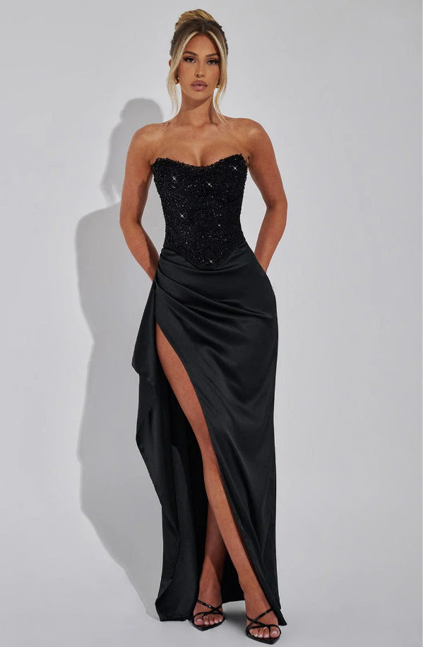 Women's High Neck Evening Gown with Sheer Bodice and Side Slits