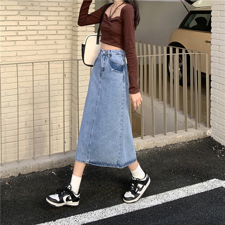 Kvinners Maxi Denim Skjørt med Høy Midje og Sidesplitt Skjora