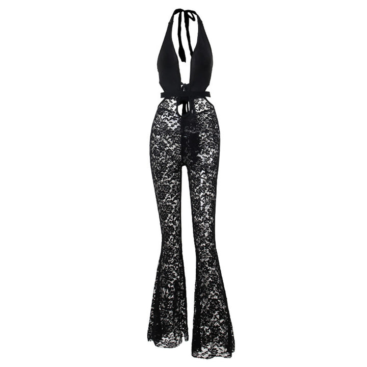 Dame elegant blonder jumpsuit med dyp V-hals og klokke bukser Skjora