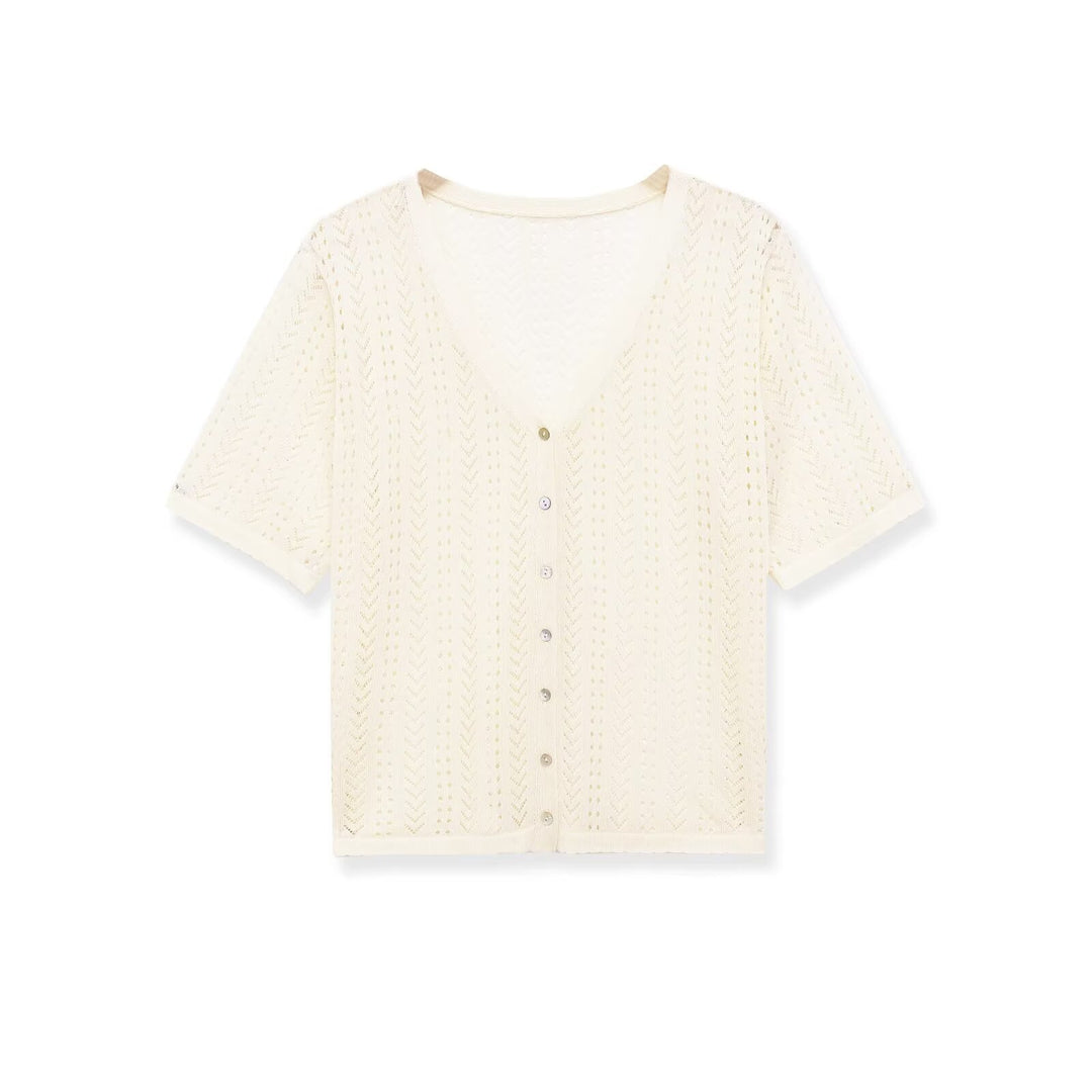 Dame strikket crop-top med V-hals og knapplukking Skjora