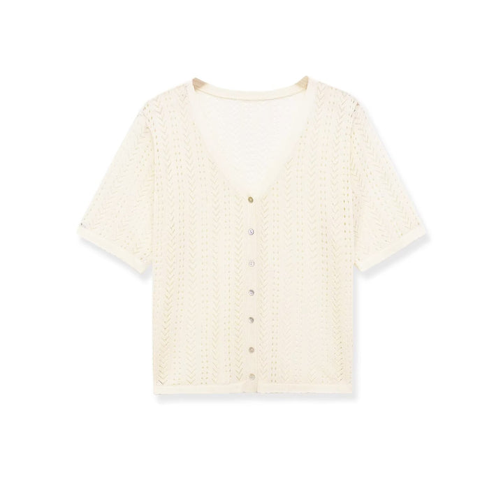 Dame strikket crop-top med V-hals og knapplukking Skjora