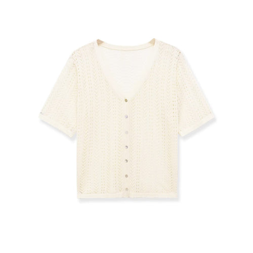 Dame strikket crop-top med V-hals og knapplukking Skjora