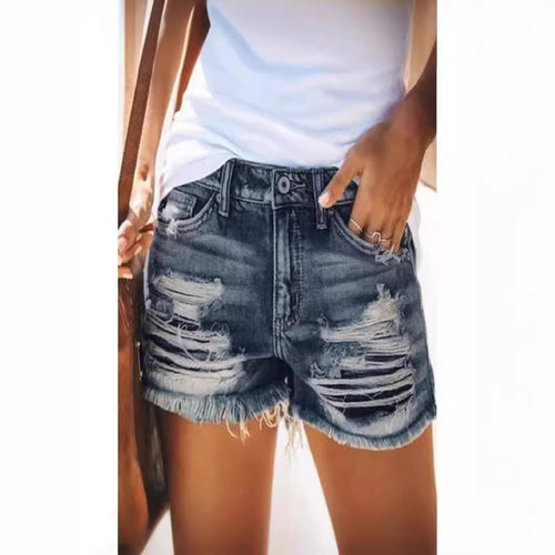 Dame trendy Ødelagte Denim-Shorts med frynsete kanter og stilige rifte detaljer Skjora