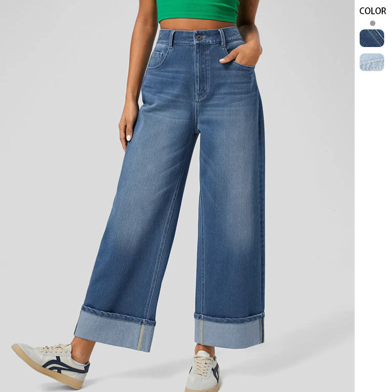 Kvinne brede jeans med høy midje og oppbrettet kant