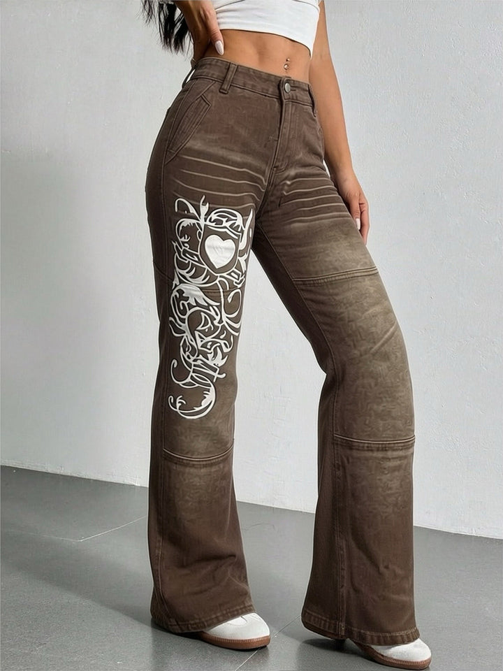 Dame vide jeans med kunstnerisk trykk Skjora