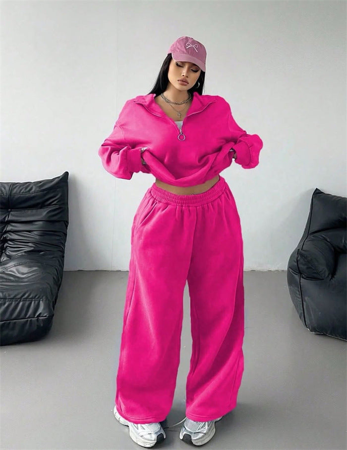 Kvinnenes sporty fleece loungewear sett med høy krage og løs passform Skjora