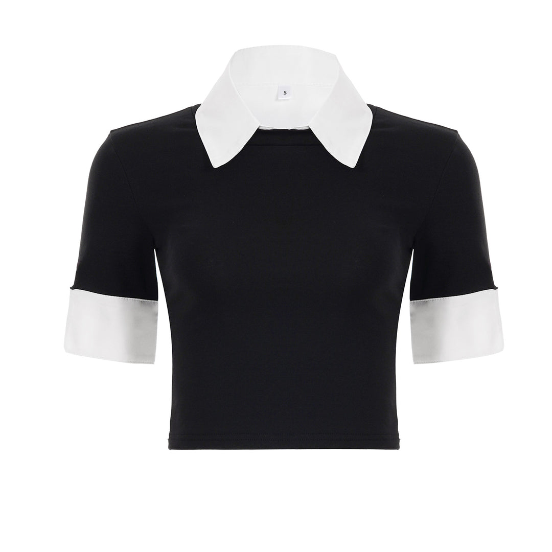 Dame cropped T-skjorte med elegant krage og halvlange ermer Skjora