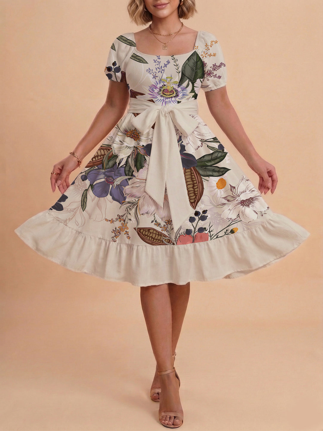 Damen Sommerliches Blumenkleid mit taillierbarem Gürtel und voluminösen Ärmeln Skjora
