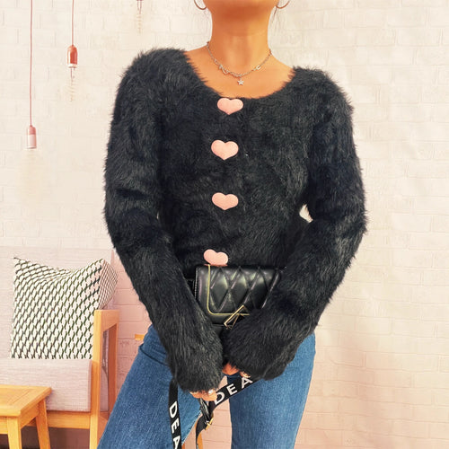Damer fluffy cardigan med hjerteknapper Skjora