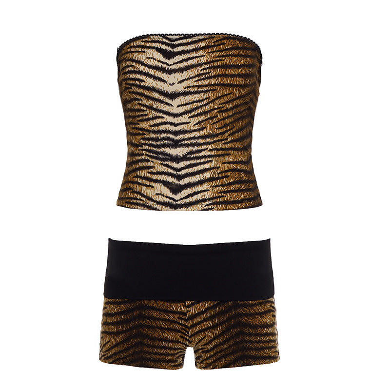 Dame Bandeau-Bikini-set med dyremønster og elastisk belte Skjora