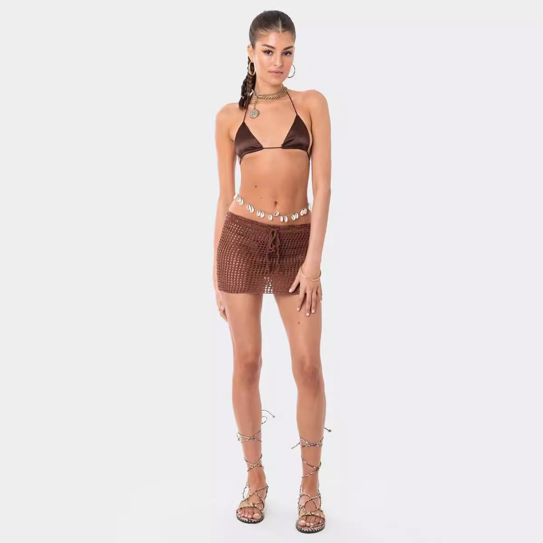 Dame heklet strandantrekk med justerbar topp og shorts Skjora