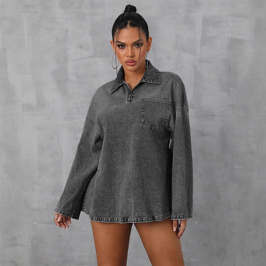 Kvinnelig oversized denimbluse med praktisk glidelås og avslappet krage Skjora