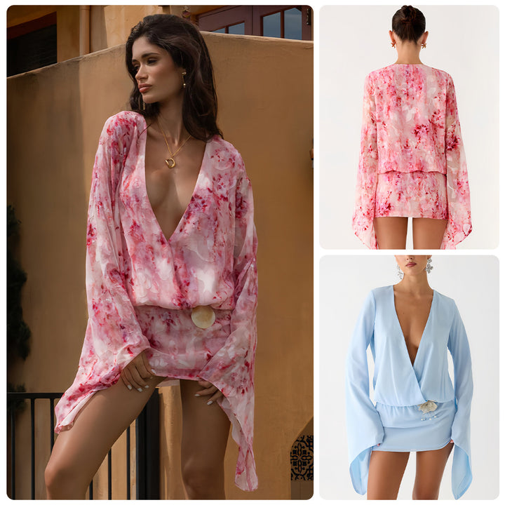 Kvinnes kimono kjole med flytende snitt og elegant V-hals