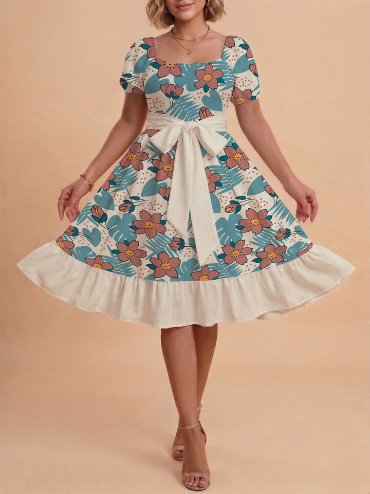 Damen Retro Maxikleid mit Puffärmeln und Taillengürtel Skjora