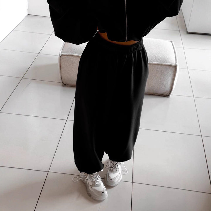 Kvinneløs Cropped Fleece Jakke og Løse Bukser Sett Skjora