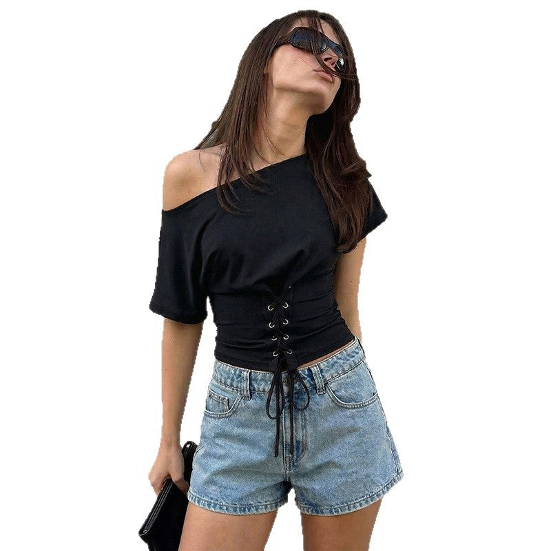 Dame off shoulder topp med snøring Skjora