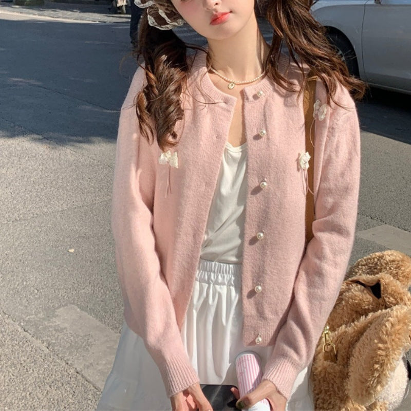 Kvinne Kawaii Kardigan med Dekorative Sløyfer og Perler Skjora