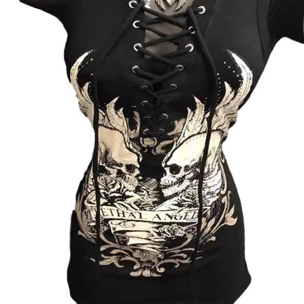 Dame Rockabilly Kjole med snøring og grafisk print Skjora