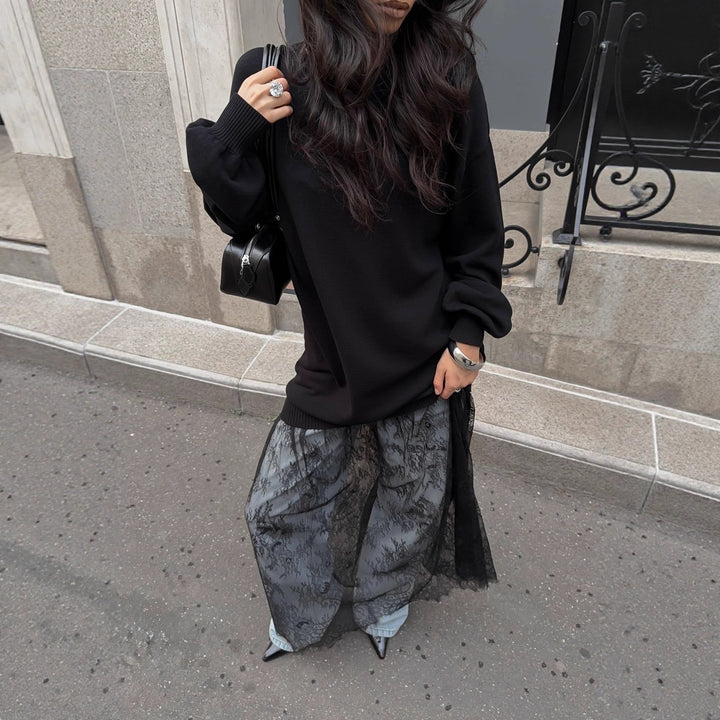 Kvinnes Casual Oversized Genser med Elegante Volanger og Motetransparent Skjora