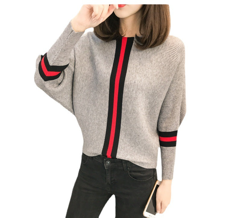 Dame Oversized Strikkegenser med Dekorative Striper Skjora
