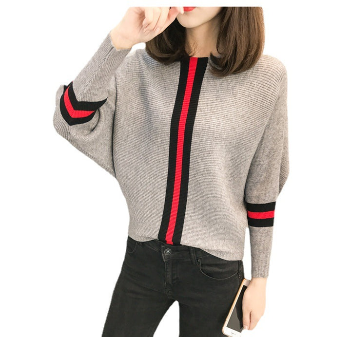 Dame Oversized Strikkegenser med Dekorative Striper Skjora