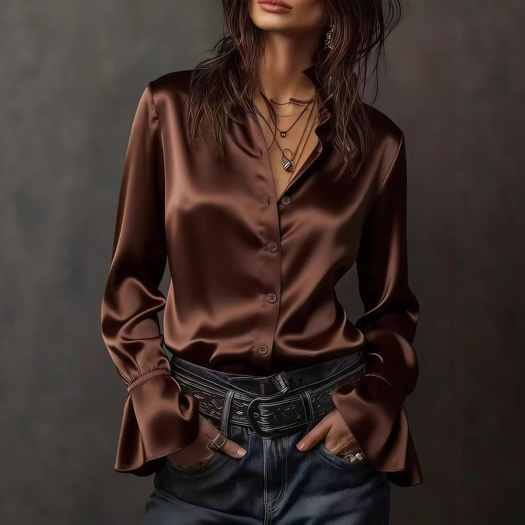 Dame Elegant Silke bluse med rysjer på ermene Skjora