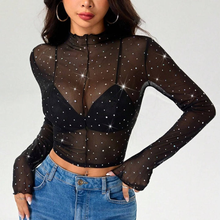 Damer Sexy Crop-Top i gjennomsiktig nett med glitrende aksenter Skjora