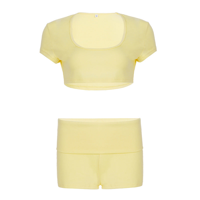 Damer Sporty Crop-Top og Høy Midje Shorts Sett Skjora