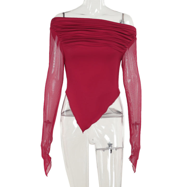 Women's elegant wrap shirt with off-the-shoulder design and transparent sleeves Skjora