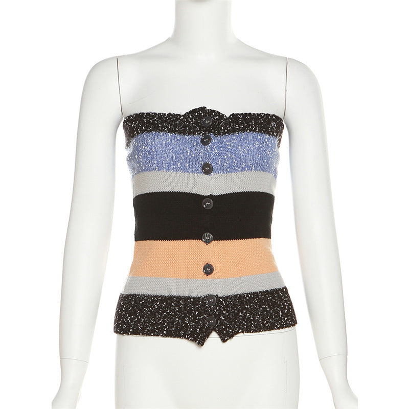 Dame Bandeau-top med fargerike striper og dekorative knapper Skjora
