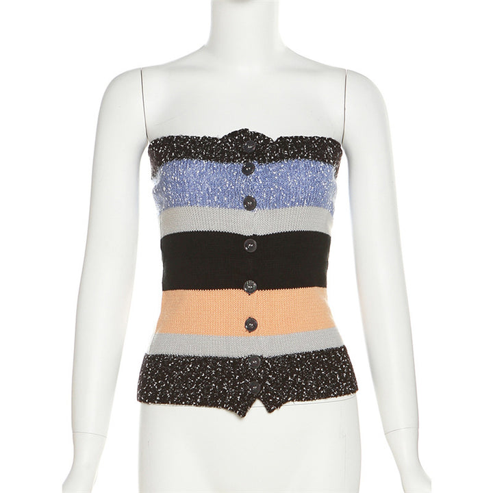 Dame Bandeau-top med fargerike striper og dekorative knapper Skjora